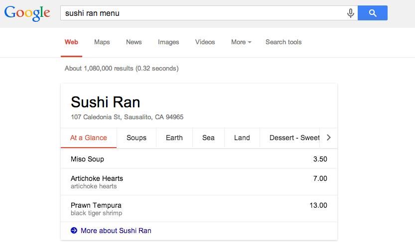 google restaurant menu
