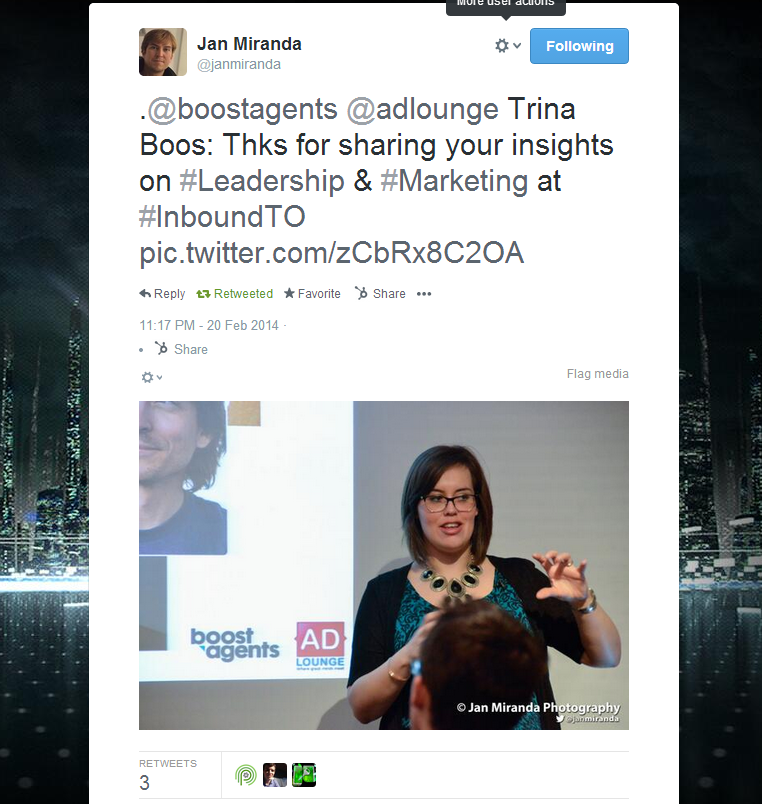 Trina Boos leadership in marketing tweet at InboundTO