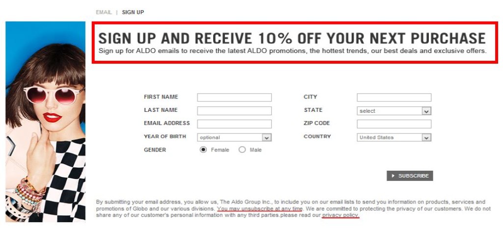 aldo's enticing email signup offer