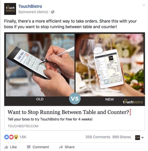 A photo of TouchBistros new and updated Facebook ad that was targeted to the staff of the restaurant with an incentive of a free 4 week trial!