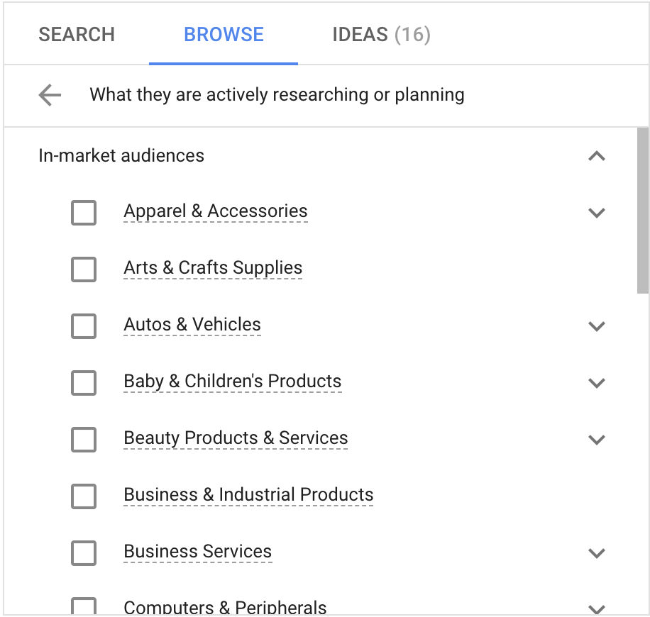 Screenshot from Google Ads of section to select in-market segments.