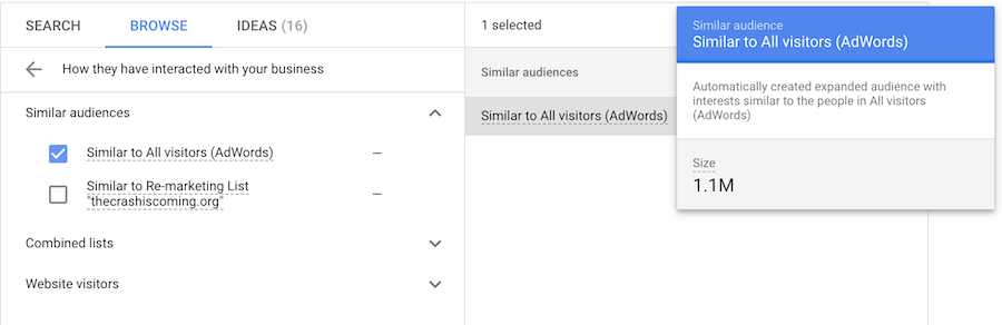 Screenshot from Google Ads showing process of creating a similar audience using the customer match feature.