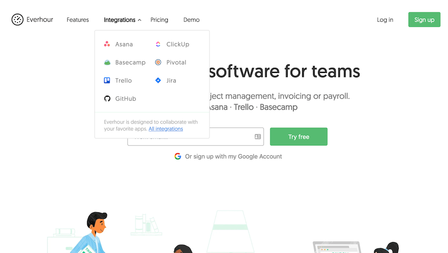 Everhour homepage: Integrations are a key selling point for Everhour, since it needs to be plugged into a project management tool.