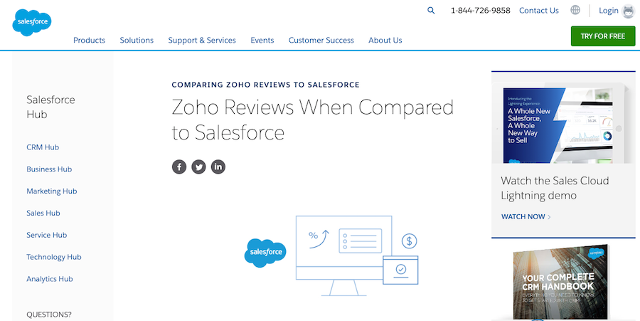 Salesforce offers reviews and comparisons about their competitors on their site; as shown in the screenshot with "Zoho".