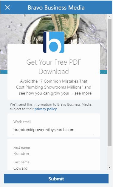 Lead Ad form example of a LinkedIn ad for B2B SaaS: "Get Your Free PDF Download"