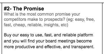 Step #2: The Promise section of SaaS Positioning Canvas by Powered By Search - What is the most common promise your competitors make to prospects?