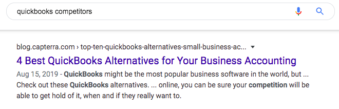 Example of review site keyword for SaaS; A Google search for "quickbooks competitors"