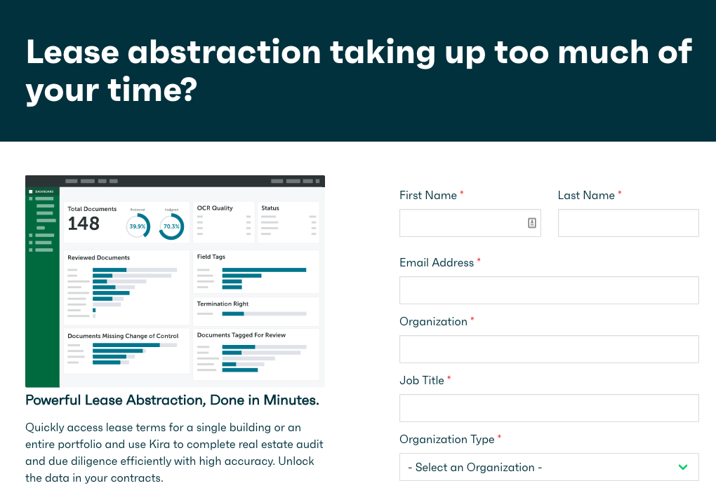 Kira Systems landing page example with mock headline copy improvement