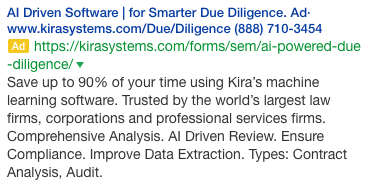 Kira Systems ad copy messaging example