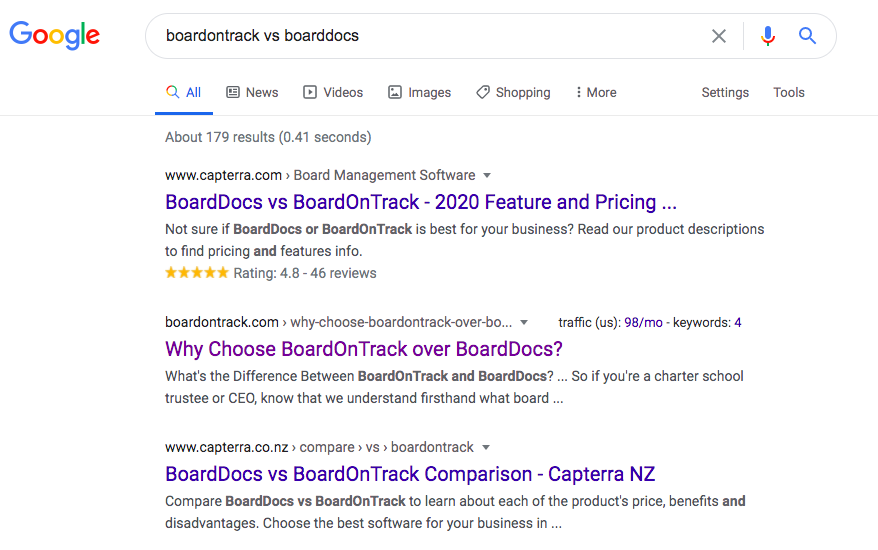 Competitor comparison landing page example: boardontrack vs boarddocs