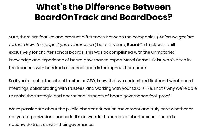 Competitor comparison landing page opening section: What's the Difference Between BoardOnTrack and BoardDocs?