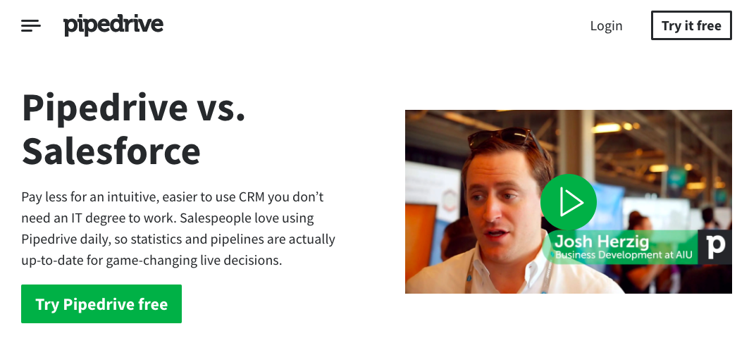 Pipedrive vs. Salesforce Competitor Comparison Landing Page
