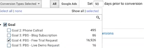 Multi-channel funnels report for B2B marketing attribution: select specific goals to measure