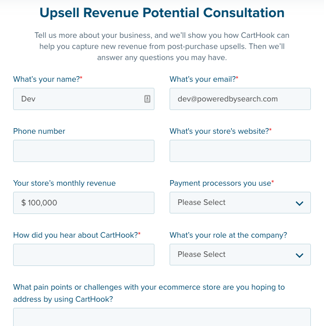 CartHook application form: Upsell Revenue Potential Consultation