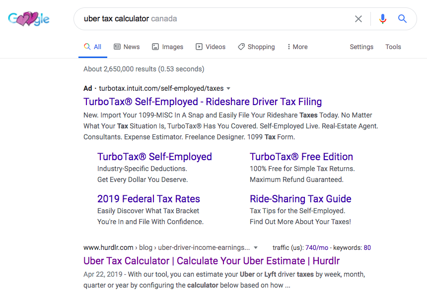 Uber tax calculator: Google Canada search results