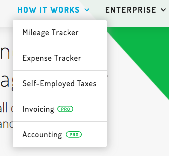 Header Menu on the Hurdlr site: Mileage Tracker, Expense Tracker, Self-Employed Taxes, Invoicing, Accounting