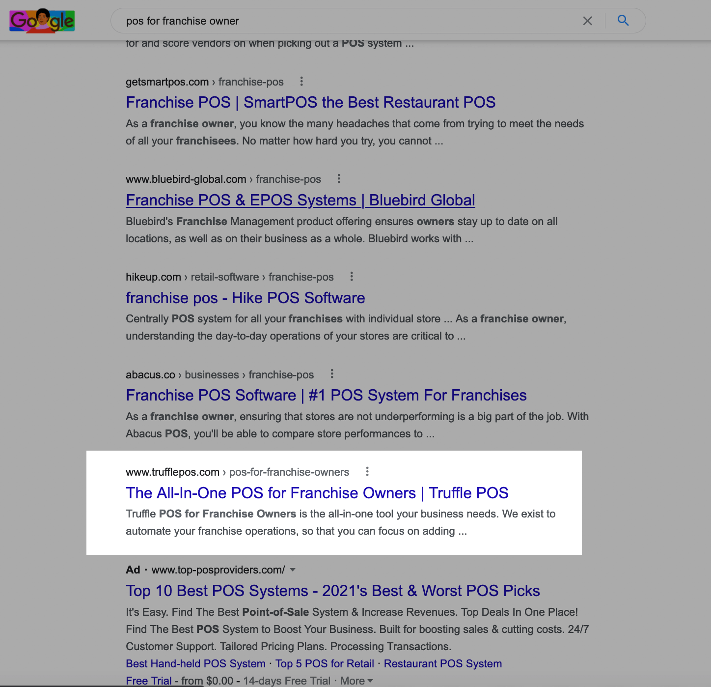 B2B SaaS Product Page SERP ranking example, showing Truffle POS as 5th on the first google search page
