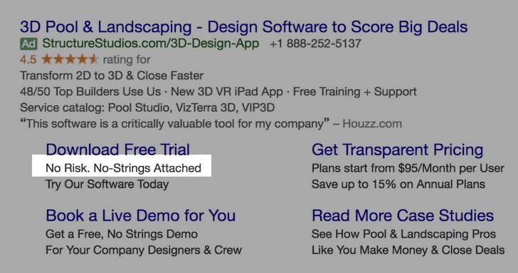 Google Ads creative example for B2B SaaS: No Risk. No-Strings Attached.