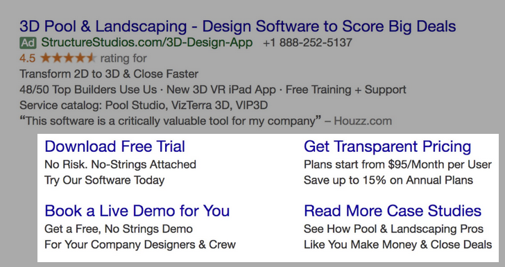 Google Ads creative example for B2B SaaS: Download Free Trial, Get Transparent Pricing, Book a Live Demo for You, Read More Case Studies