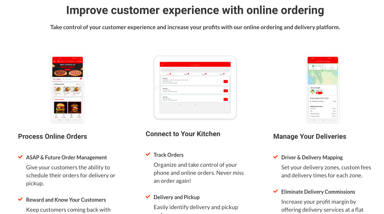 Examples of Process online orders, connect to your kitchen and manage your deliveries screens on phones and a tablet