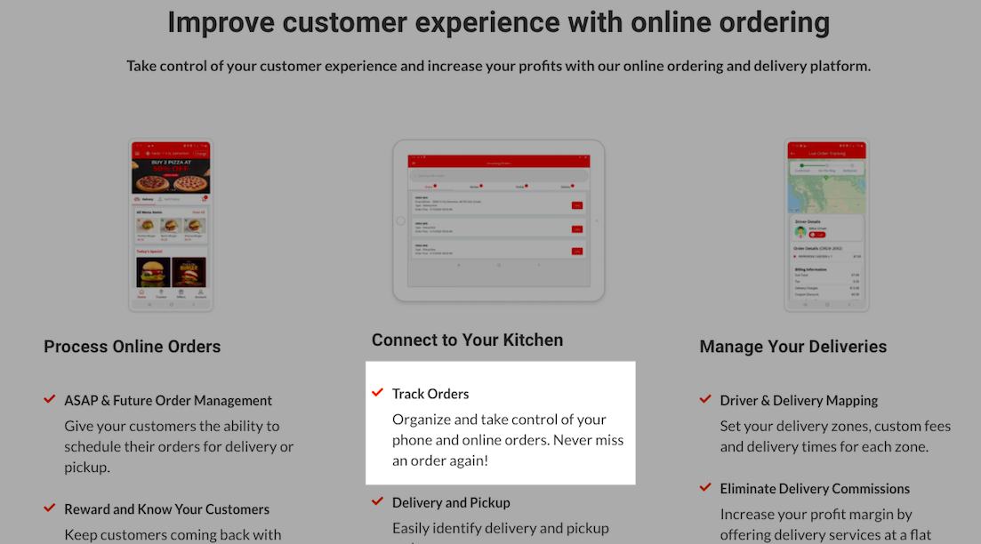"Track Orders" bullet is highlighted under 'Connect to Your Kitchen'