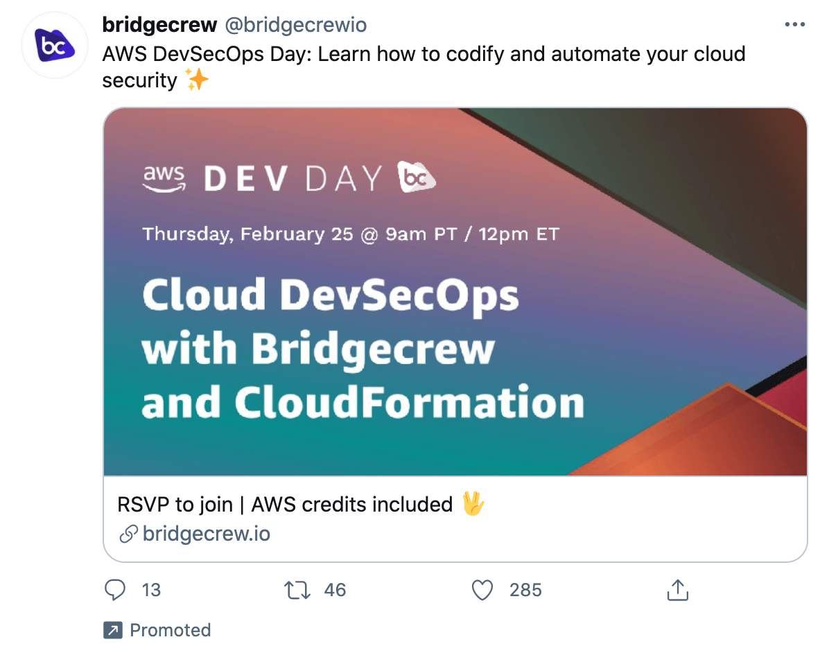 Example of Twitter Ads for SaaS: "AWS DevSecOps Day: Learn how to codify and automate your cloud security"