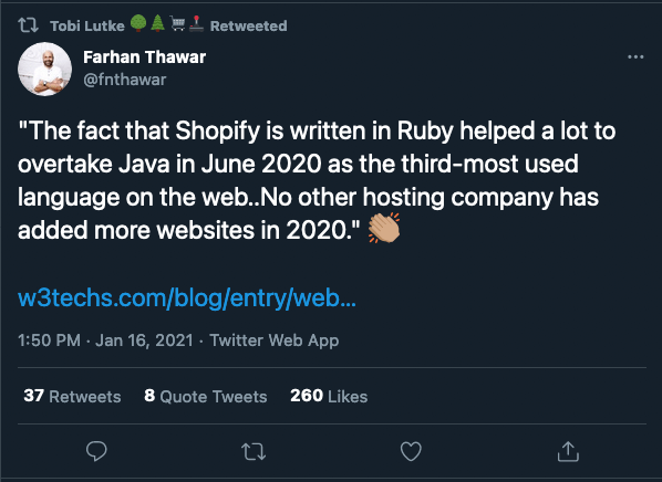 Example of Twitter Ads for SaaS: "The fact that Shopify is written in Ruby helped a lot to overtake Java in June 2020 as the third-most used language on the web..No other hosting company has added more websites in 2020."