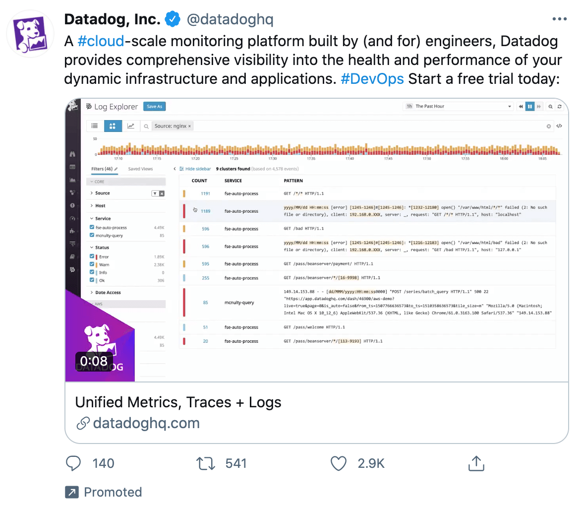 "A #cloud-scale monitoring platform built by (and for) engineers, Datadog provides comprehensive visibility into the health and performnce of your dynamic infrastructure and applications. #DevOps Start a free trial today."