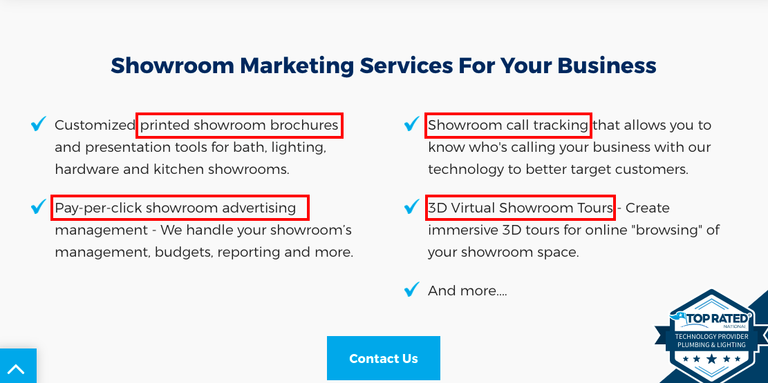 Example of optimizations in our SEO roadmap process for B2B SaaS: Showroom Marketing Services for Your Business