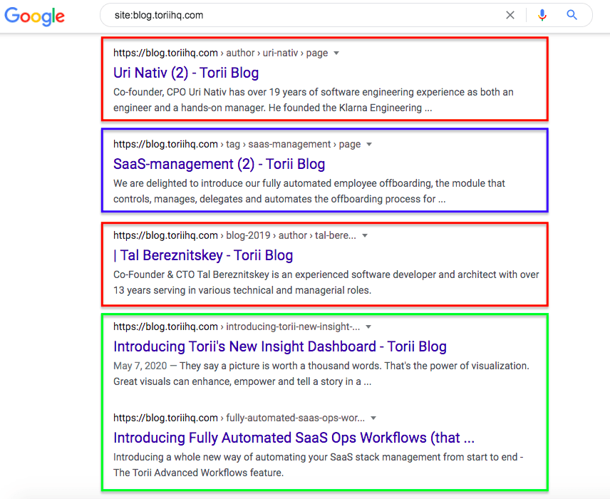 Here you see examples of indexed author pages highlighted in red, a tag page in blue, and old feature announcements in green.