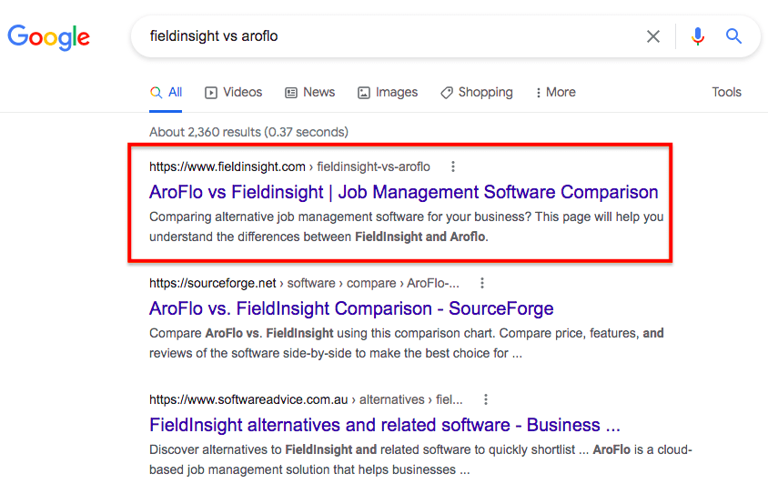 Example of implementing our SEO strategy for FieldInsight